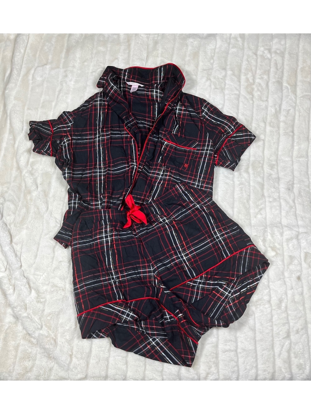 Victoria's Secret L Black Red Silver Button Up Shorts Sleep Dorm PJ Fall Set